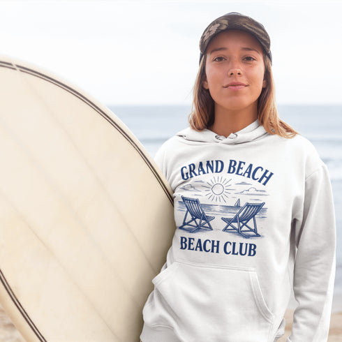 Soak up the vintage vibes with our Grand Beach Beach Club hoodie — a cozy classic made for lakeside lounging and sunset chasing.